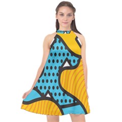 Wave Chevron Orange Blue Circle Plaid Polka Dot Halter Neckline Chiffon Dress  by Mariart