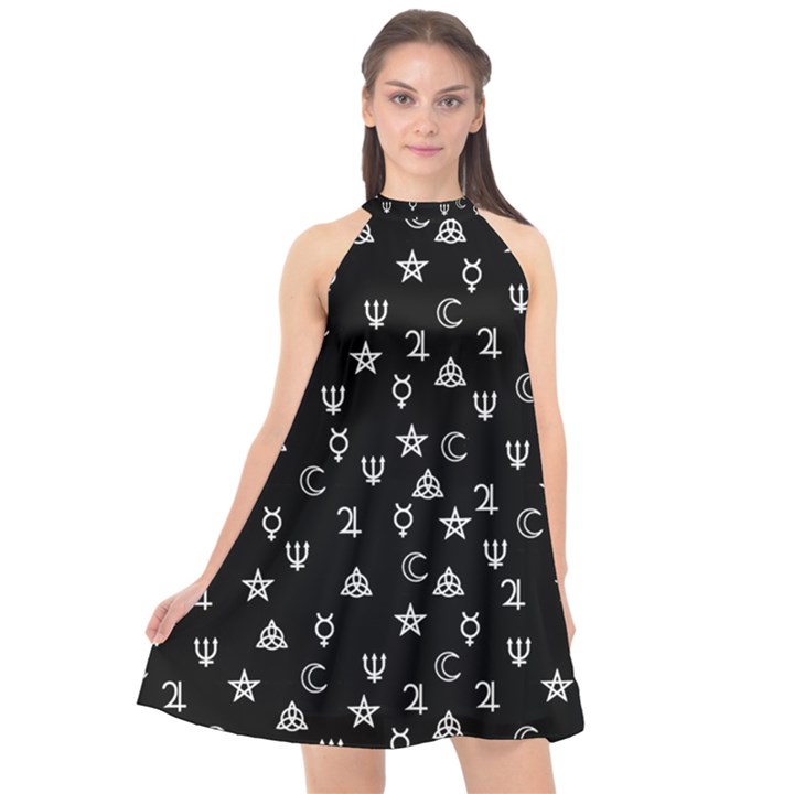 Witchcraft symbols  Halter Neckline Chiffon Dress 