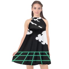 Illustration Cloud Line White Green Black Spot Polka Halter Neckline Chiffon Dress  by Mariart