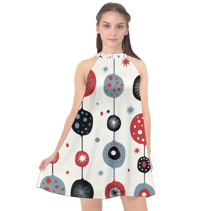 Retro Ornament Pattern Halter Neckline Chiffon Dress 