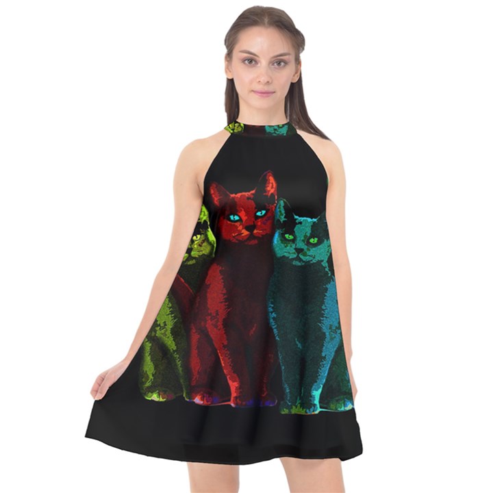 Cats Halter Neckline Chiffon Dress 