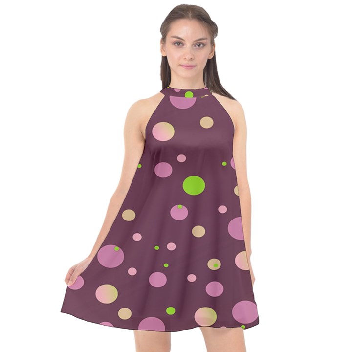 Decorative dots pattern Halter Neckline Chiffon Dress 