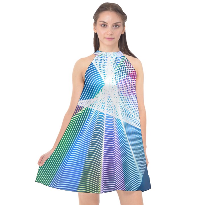 Light Means Net Pink Rainbow Waves Wave Chevron Green Blue Sky Halter Neckline Chiffon Dress 