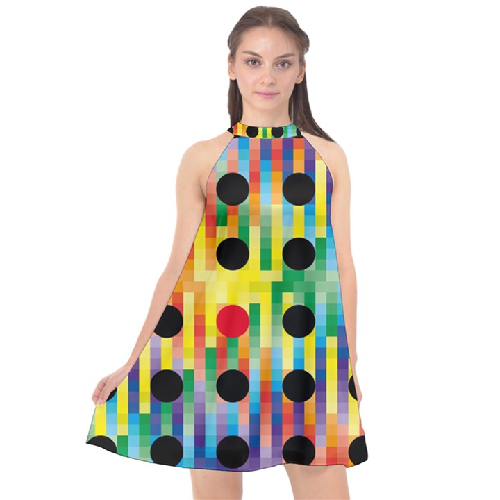 Watermark Circles Squares Polka Dots Rainbow Plaid Halter Neckline Chiffon Dress 