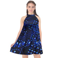 Blue Circuit Technology Image Halter Neckline Chiffon Dress  by BangZart