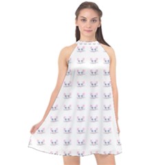 Pink Cute Cat Pattern Halter Neckline Chiffon Dress  by paulaoliveiradesign