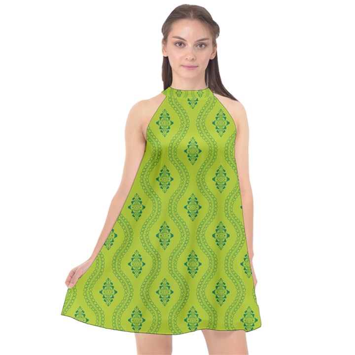 Decorative green pattern background  Halter Neckline Chiffon Dress 