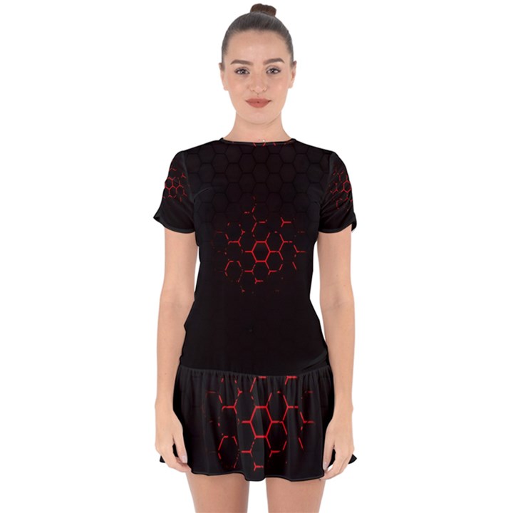 Abstract Pattern Honeycomb Drop Hem Mini Chiffon Dress