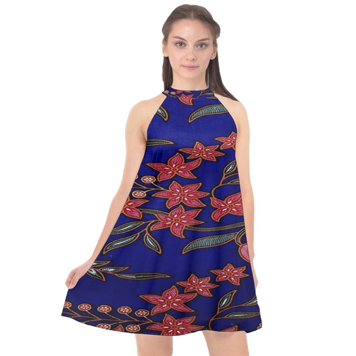 Batik  Fabric Halter Neckline Chiffon Dress 