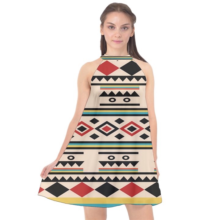 Tribal Pattern Halter Neckline Chiffon Dress 