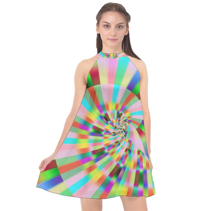 Irritation Funny Crazy Stripes Spiral Halter Neckline Chiffon Dress 