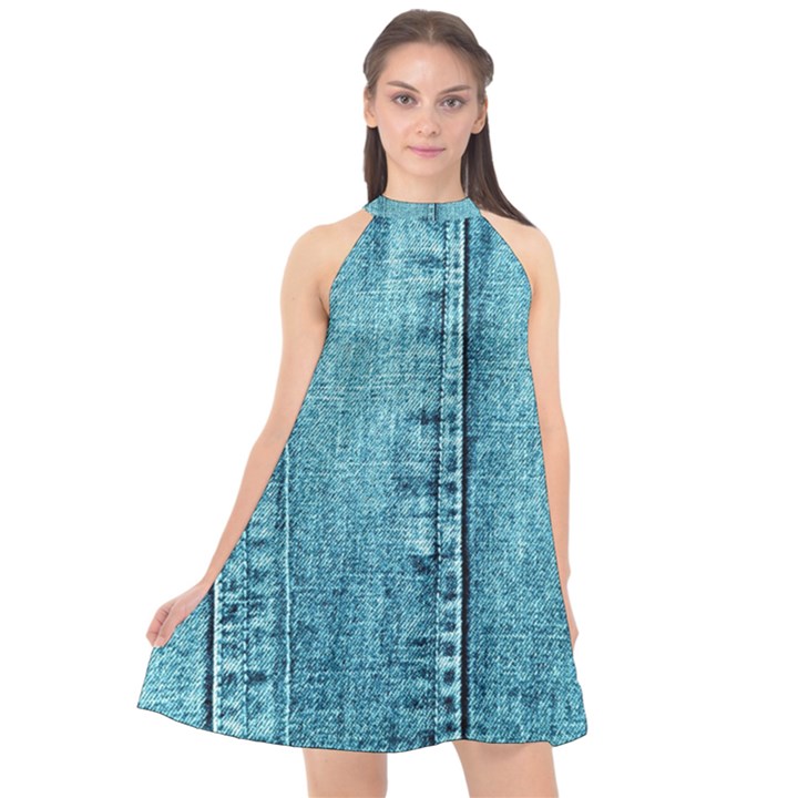 Denim Jeans Fabric Texture Halter Neckline Chiffon Dress 