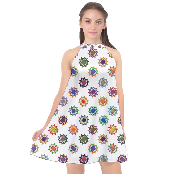 Flowers Pattern Recolor Artwork Sunflower Rainbow Beauty Halter Neckline Chiffon Dress 