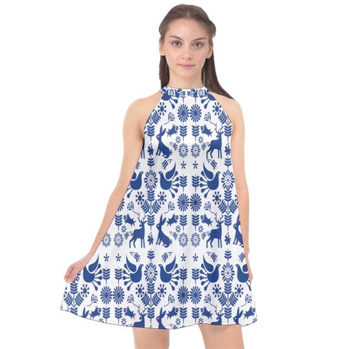 Rabbits Deer Birds Fish Flowers Floral Star Blue White Sexy Animals Halter Neckline Chiffon Dress 