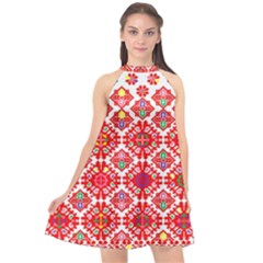 Plaid Red Star Flower Floral Fabric Halter Neckline Chiffon Dress  by Mariart