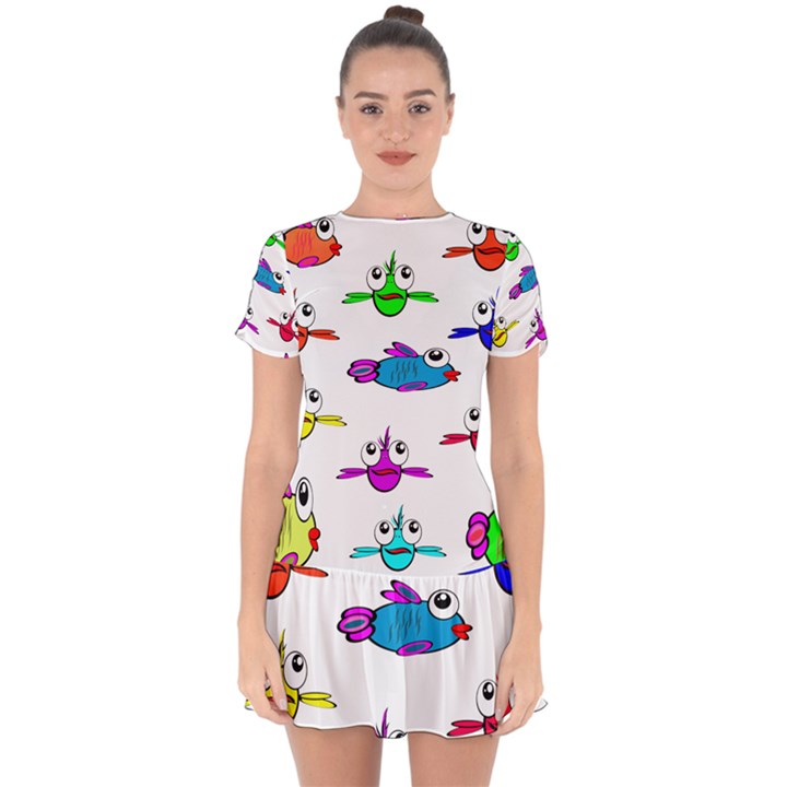 Fish Swim Cartoon Funny Cute Drop Hem Mini Chiffon Dress