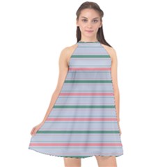 Horizontal Line Green Pink Gray Halter Neckline Chiffon Dress  by Mariart