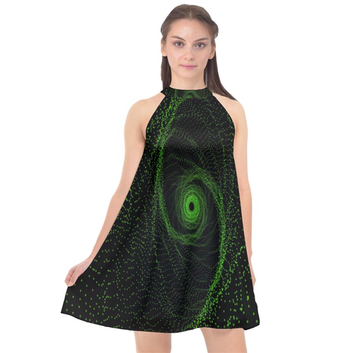 Space Green Hypnotizing Tunnel Animation Hole Polka Green Halter Neckline Chiffon Dress 