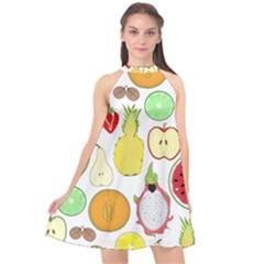 Mango Fruit Pieces Watermelon Dragon Passion Fruit Apple Strawberry Pineapple Melon Halter Neckline Chiffon Dress  by Mariart