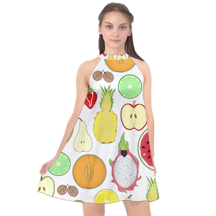 Mango Fruit Pieces Watermelon Dragon Passion Fruit Apple Strawberry Pineapple Melon Halter Neckline Chiffon Dress 