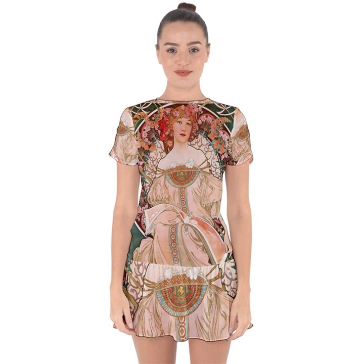 Alfons Mucha   F  Champenois Imprimeur ¨|diteur Drop Hem Mini Chiffon Dress