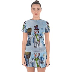 Funny Grimly Snowman In A Winter Landscape Drop Hem Mini Chiffon Dress by FantasyWorld7