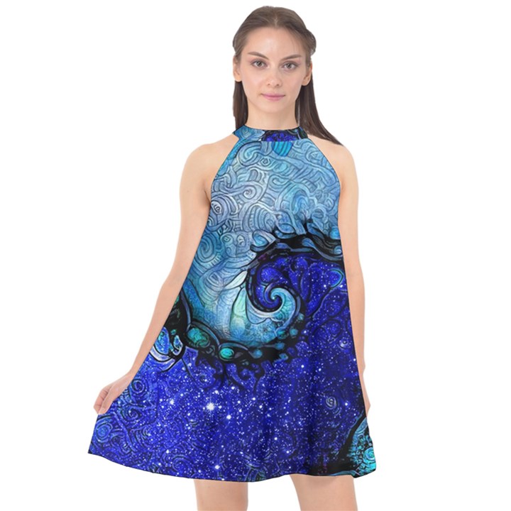 Nocturne of Scorpio, a Fractal Spiral Painting Halter Neckline Chiffon Dress 