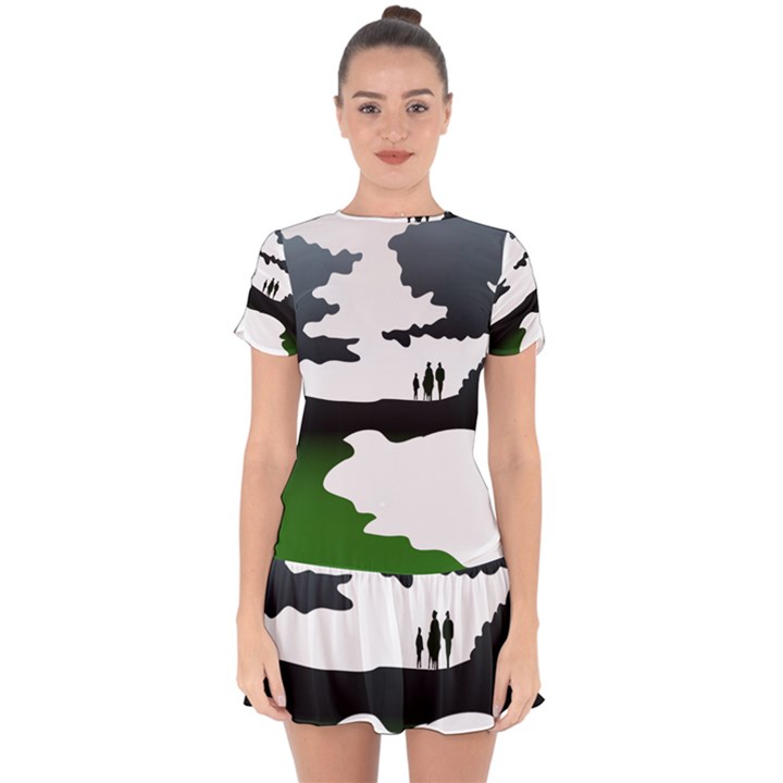 Landscape Silhouette Clipart Kid Abstract Family Natural Green White Drop Hem Mini Chiffon Dress