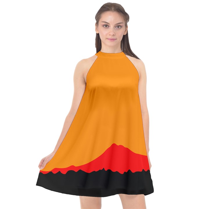 Mountains Natural Orange Red Black Halter Neckline Chiffon Dress 