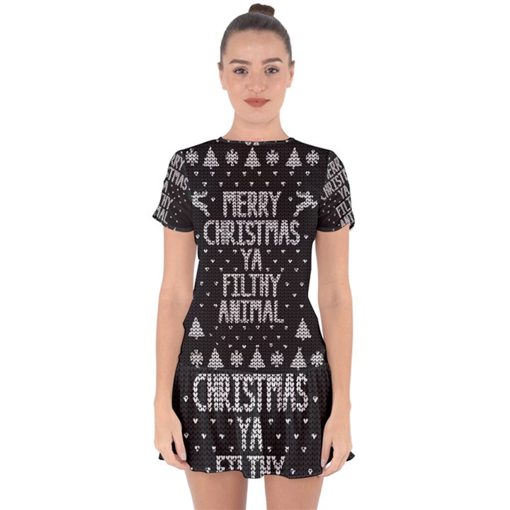 Ugly Christmas Sweater Drop Hem Mini Chiffon Dress