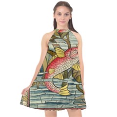 Fish Underwater Cubism Mosaic Halter Neckline Chiffon Dress  by Celenk