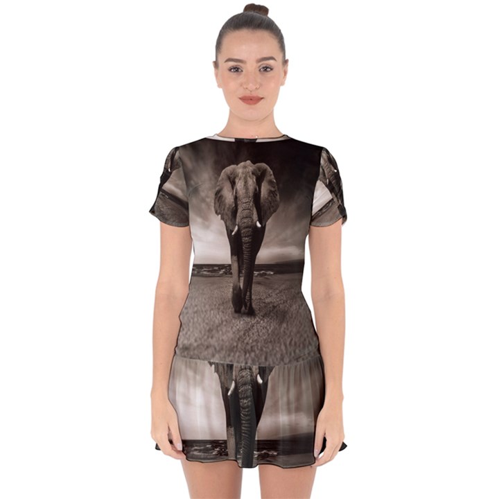 Elephant Black And White Animal Drop Hem Mini Chiffon Dress