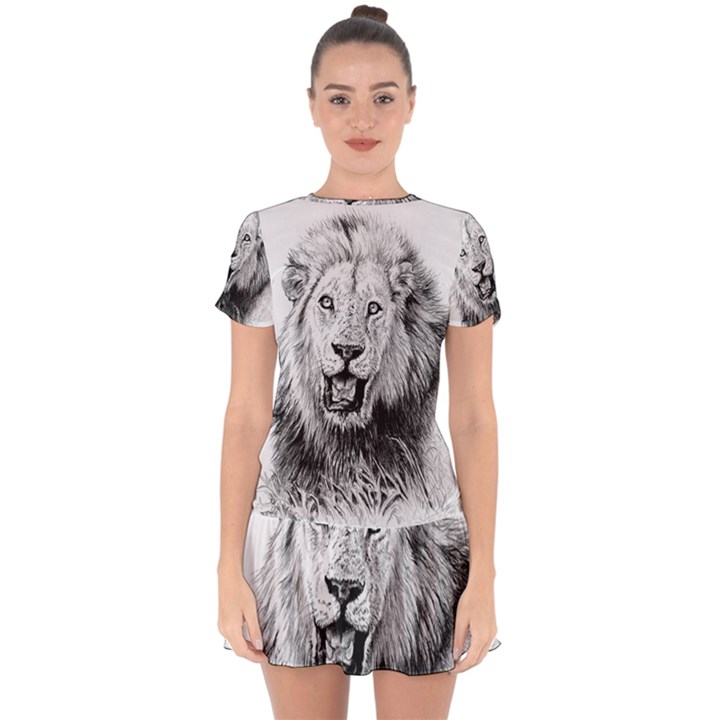 Lion Wildlife Art And Illustration Pencil Drop Hem Mini Chiffon Dress