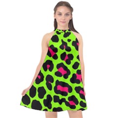 Neon Green Leopard Print Halter Neckline Chiffon Dress  by allthingseveryone