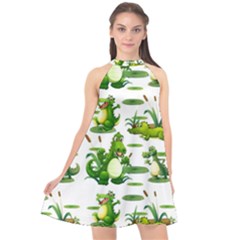 Crocodiles In The Pond Halter Neckline Chiffon Dress  by Bigfootshirtshop