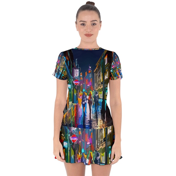 Abstract Vibrant Colour Cityscape Drop Hem Mini Chiffon Dress