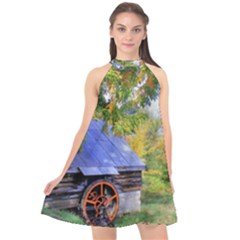 Landscape Blue Shed Scenery Wood Halter Neckline Chiffon Dress  by BangZart