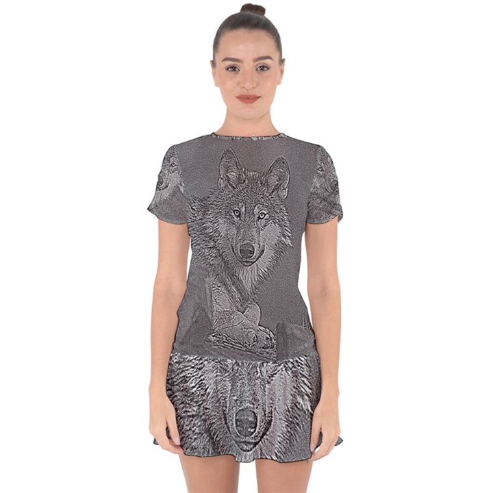 Wolf Forest Animals Drop Hem Mini Chiffon Dress