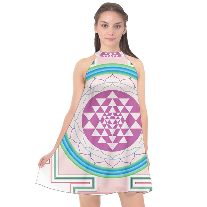 Mandala Design Arts Indian Halter Neckline Chiffon Dress 