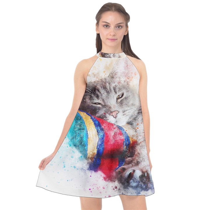 Cat Kitty Animal Art Abstract Halter Neckline Chiffon Dress 