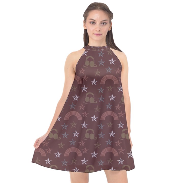 Music Stars Brown Halter Neckline Chiffon Dress 