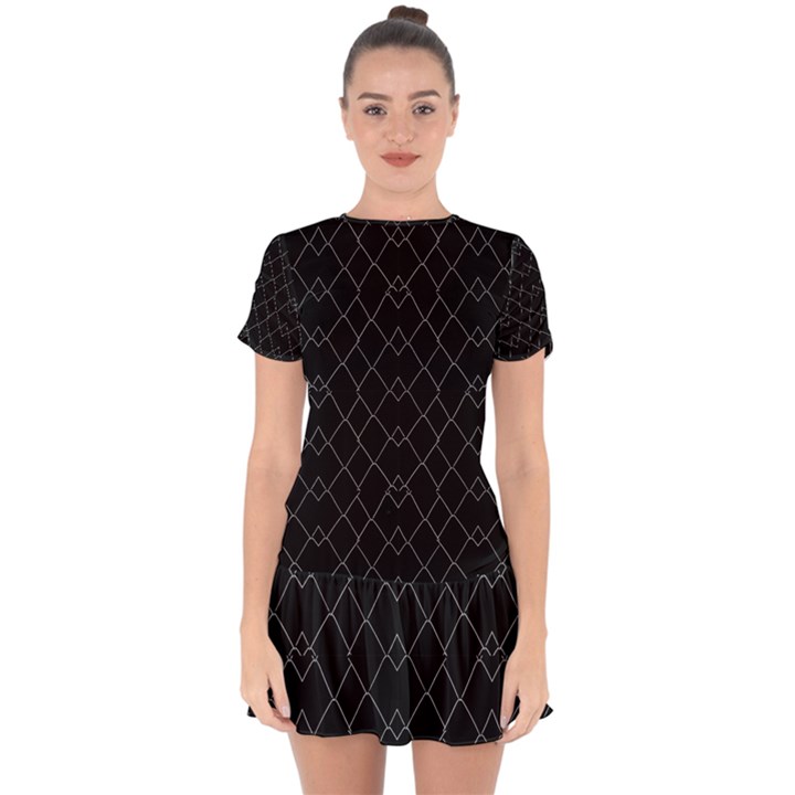 Black And White Grid Pattern Drop Hem Mini Chiffon Dress