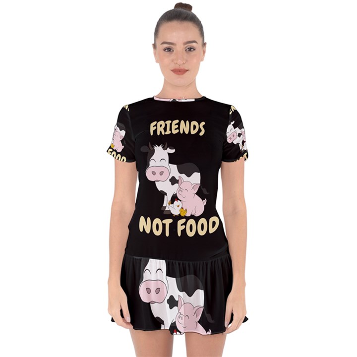 Friends Not Food - Cute Cow, Pig and Chicken Drop Hem Mini Chiffon Dress