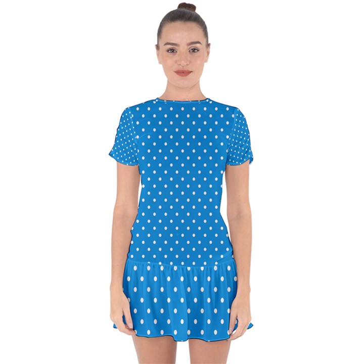 Blue Polka Dots Drop Hem Mini Chiffon Dress