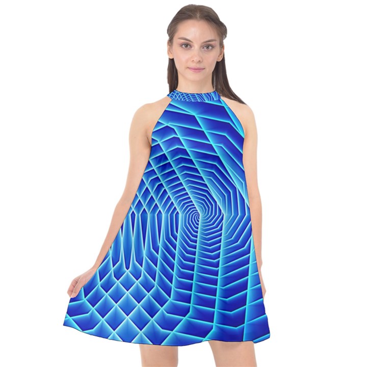 Blue Background Light Glow Abstract Art Halter Neckline Chiffon Dress 