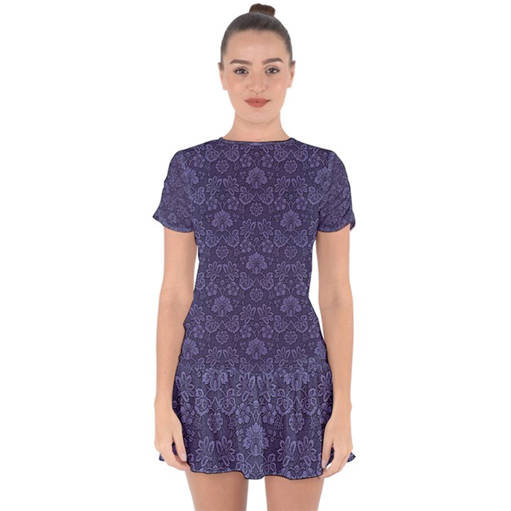 Damask Purple Drop Hem Mini Chiffon Dress