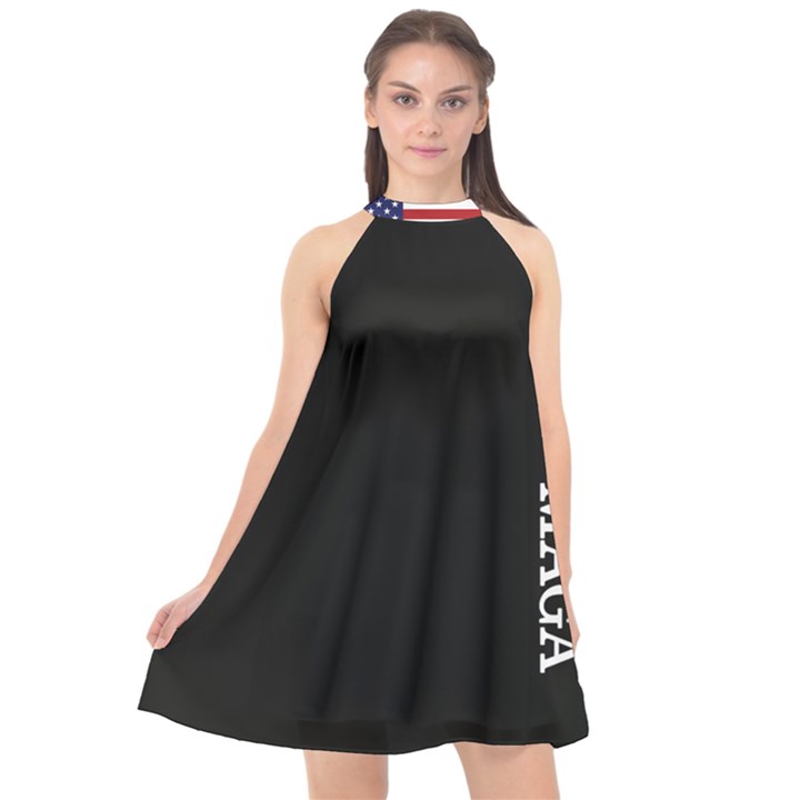 MAGA Make America Great Again with US Flag on black Halter Neckline Chiffon Dress 