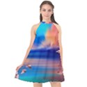 Flamingo Lake Birds In Flight Sunset Orange Sky Red Clouds Reflection In Lake Water Art Halter Neckline Chiffon Dress  View1