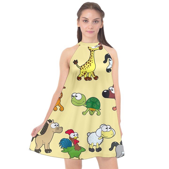 Group Of Animals Graphic Halter Neckline Chiffon Dress 