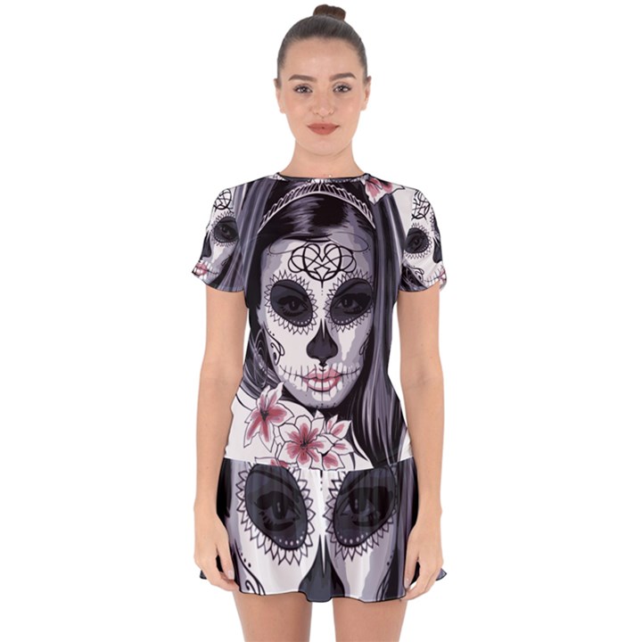 Sugar Skull Drop Hem Mini Chiffon Dress